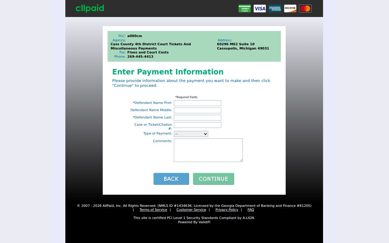 Cass County traffic ticket payment route on the GovPayNet District page