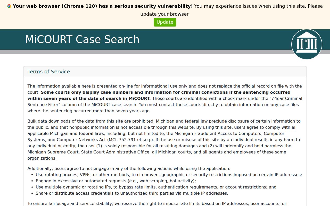 Cass County case search context on the Michigan MiCOURT landing page