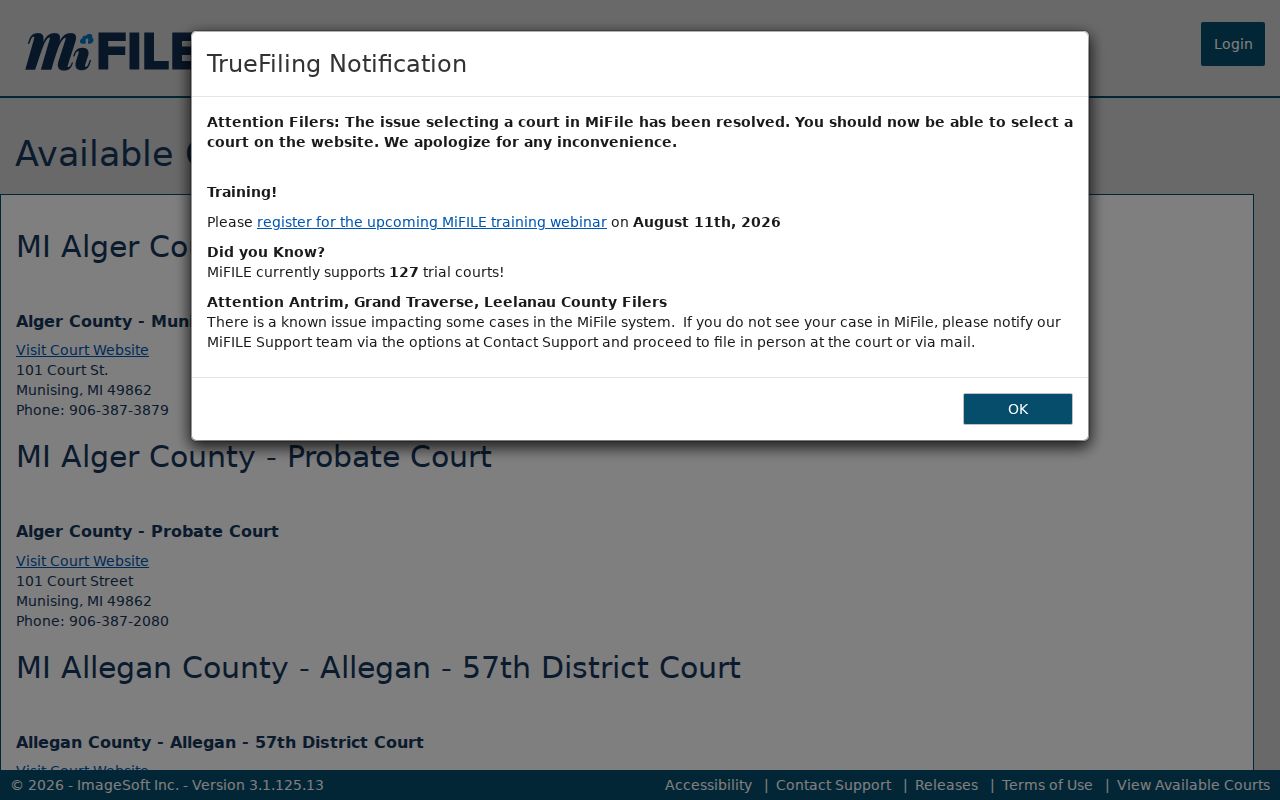 Cass County case search context in the Michigan MiFILE available-courts directory