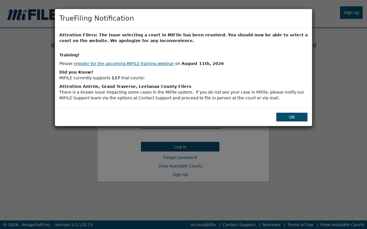 Cass County court record context on the Michigan MiFILE login screen